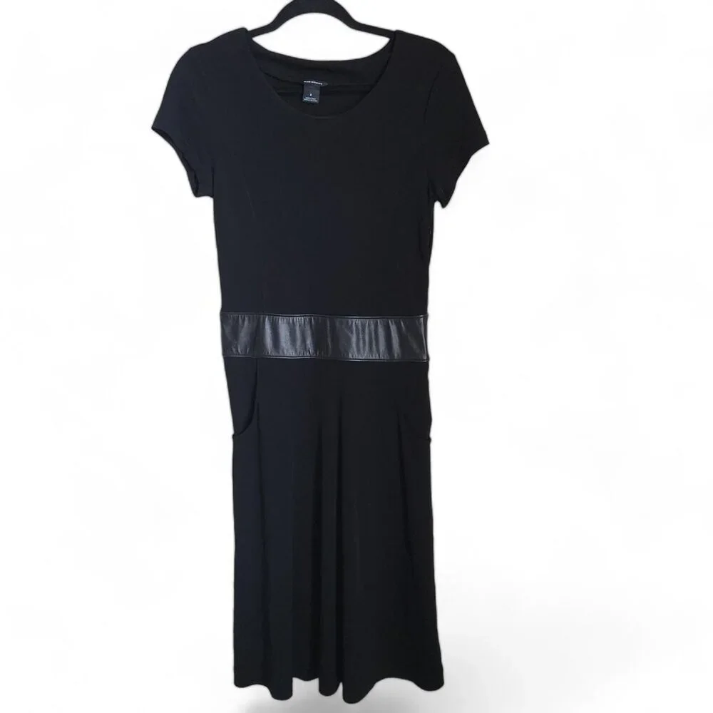 Club Monaco Women's 2 Midi Dress Black Sheep Leather Trim Fit‎ & Flare Side Zip